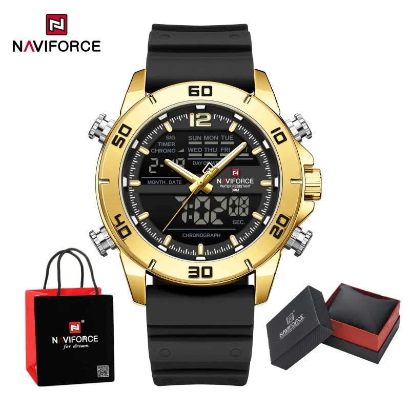 Package Gifts NAVIFORCE Men's Watch Chronograph Day and Date Brand Design Waterproof Soft Silica Strap Fashion Quartz Wristwatch