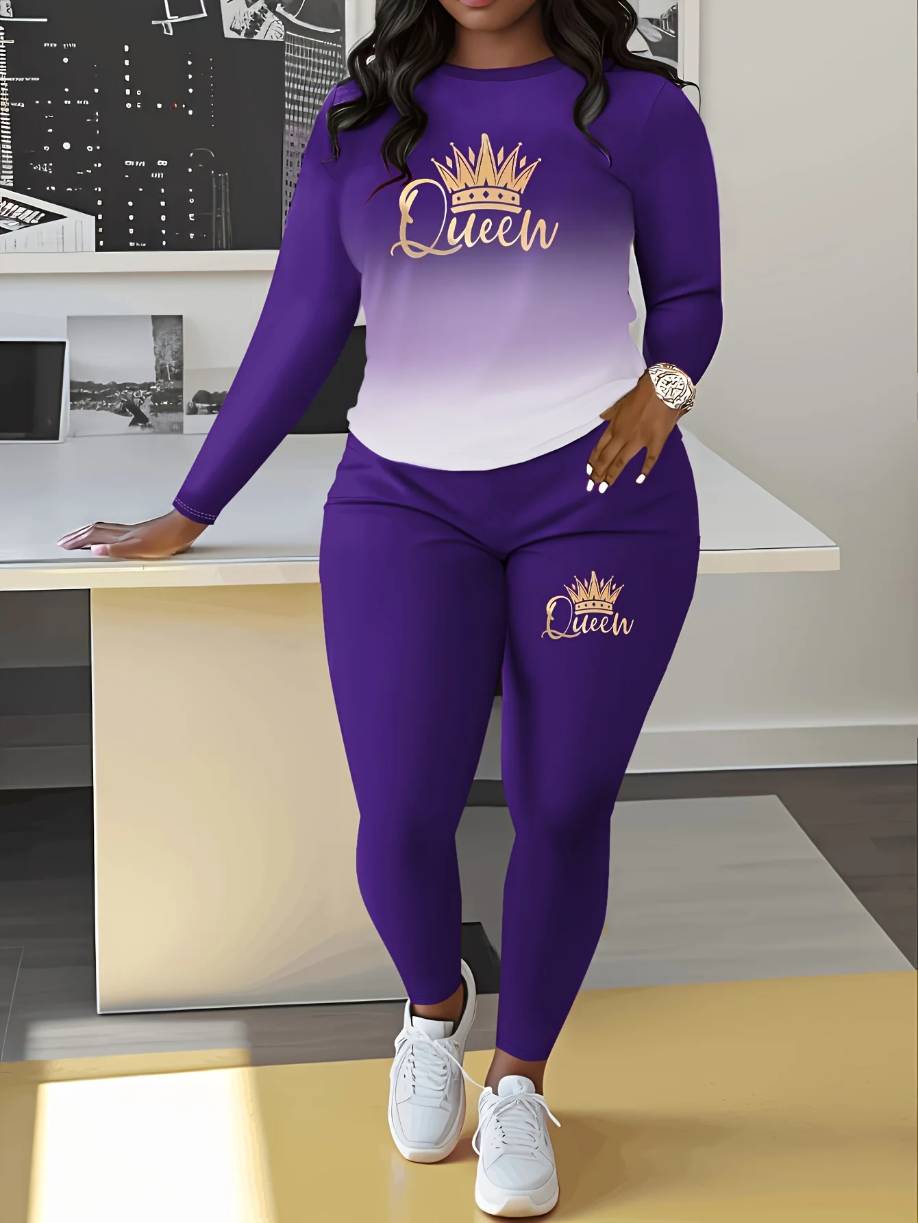 Women's Large Size Fashion Royal Blue Gradient Crown Print Queen Long Sleeve Trousers Set