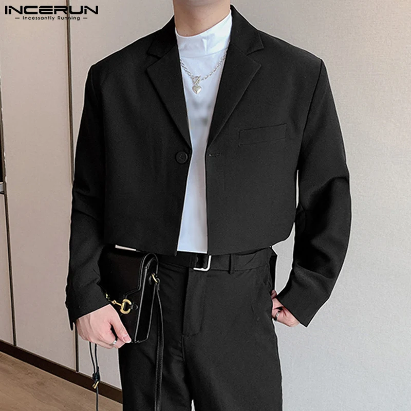 Men Blazer Solid Color Lapel Long Sleeve One Button Autumn Casual Suits Streetwear 2023 Fashion Male Crop Coats S-5XL INCERUN