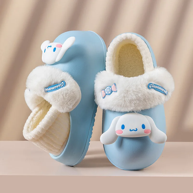 

Sanrios Cinnamoroll Kuromi Mymelody Мультяшные зимние женские меховые тапочки водонепроницаемые теплые плюшевые хлеб хлопковые Сланцы Сандалии для пар