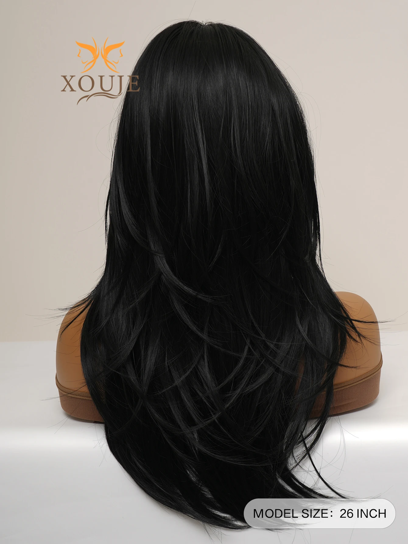 Glamor Chemical Fiber Heat Resistant Wig Long Straight Hair Layered Wig Natural Black 26 Inch Wig With Bangs, Daily Women\'s Part