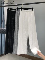 Autunno nuova corea moda bianco paillettes pantaloni a gamba larga vita alta dimagrante Casual drappeggio Mopping pantaloni pantaloni dritti donna