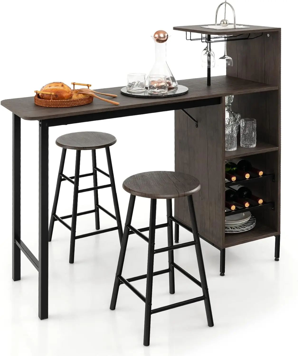 Bartisch-Set, Tresentisch mit 2 Barhooks, Esstisch Stehtisch mit Weinglashalter & Ablage Bistro & Wohnzimmer (Schwarz)