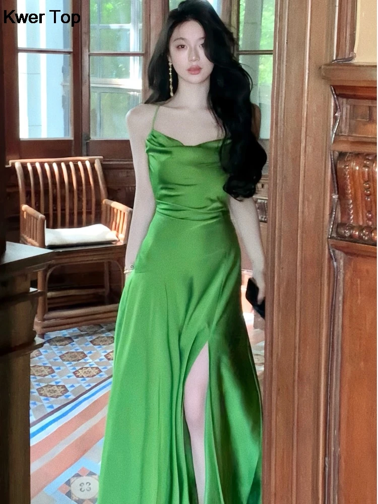 Summer Green Evening Midi Dress Chic Elegant Slim Waist Vestidos Office Lady Korean Y2K Straps Dresses Women Vintage Clothing