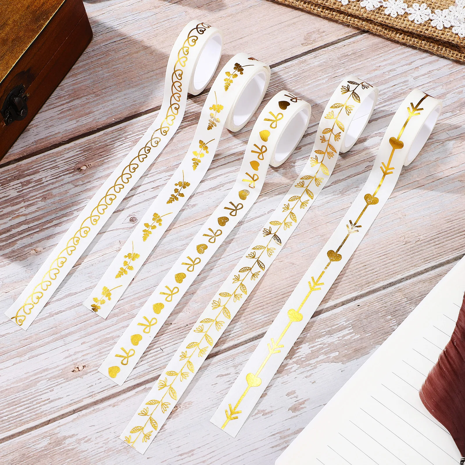 

5 Rolls Decorative Adhesive Tape Gold Bronzing Tape Rolls for DIY Craft Scrapbook Journal Diary Adhesive Tapes