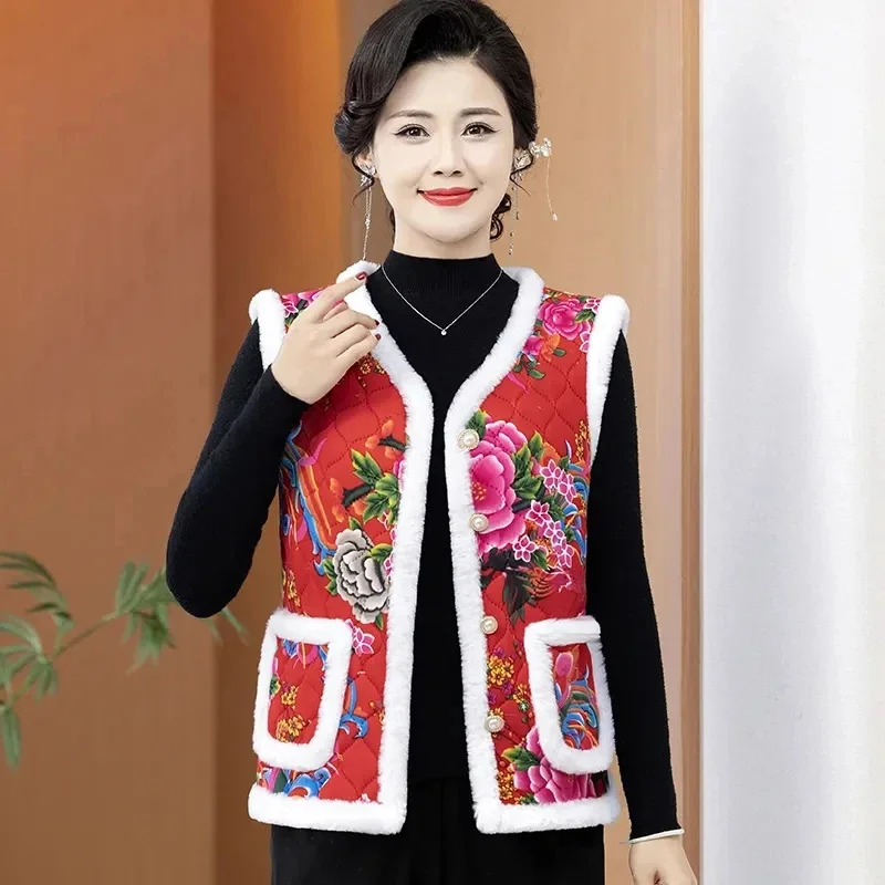 

Autumn Winter Chinese Style Women Printed Cotton Vest Sleeveless Plus Fleece Warm Jacket Female Waistcoat Snow Parker Outerwea