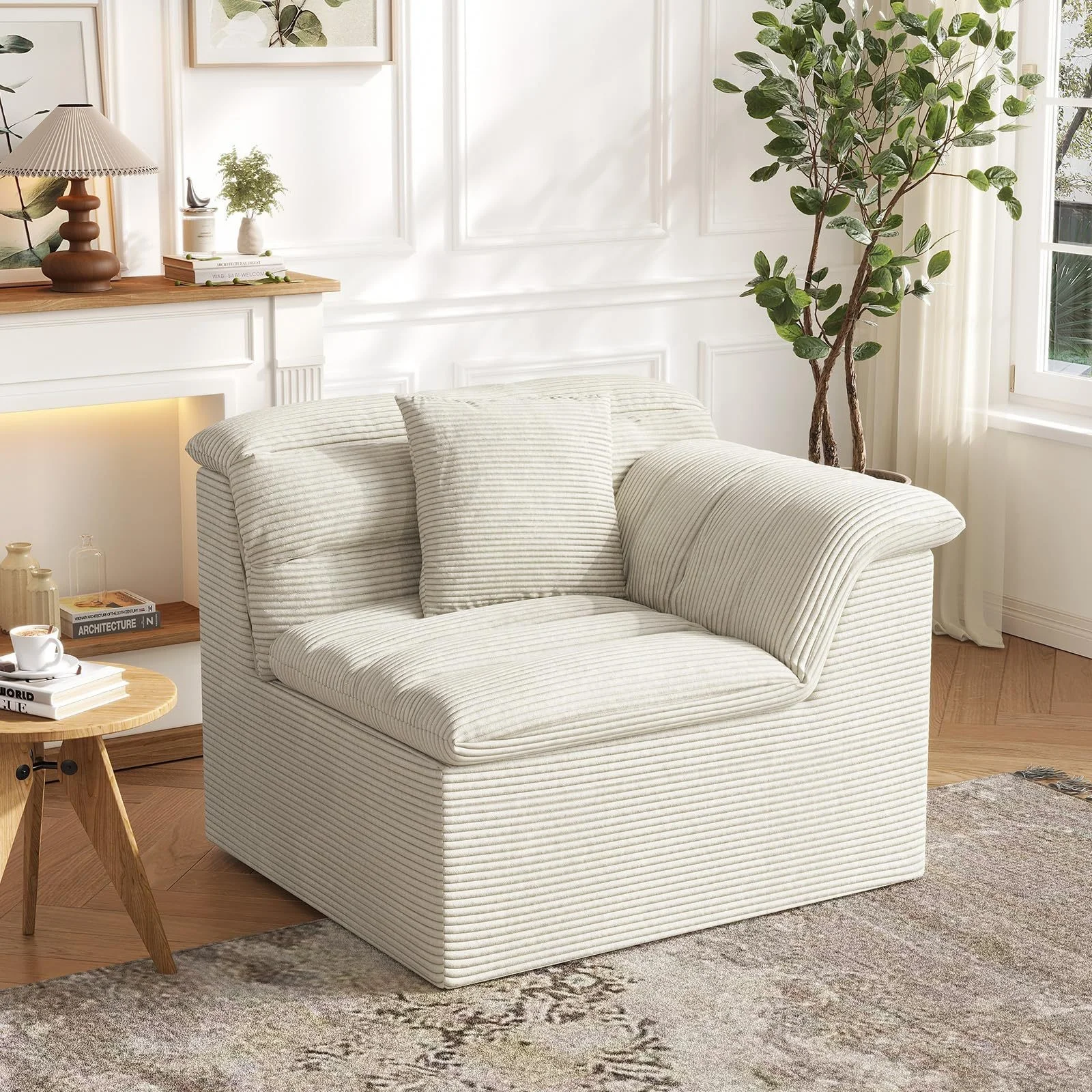 #Cream Jumbo Corduroy Modular 2 Seater Loveseat Oversized Curved Arm Lounge Couch with Throw Pillows for Living Room