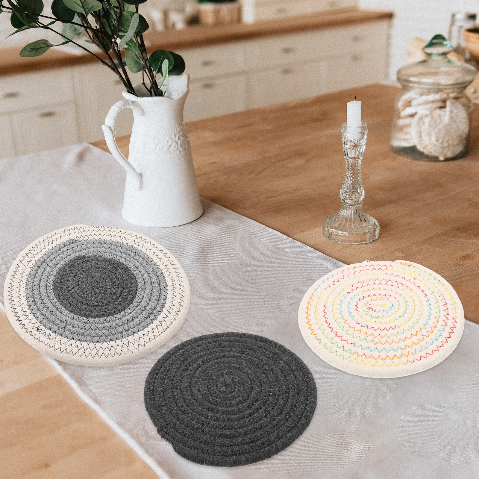 

4Pcs Braided Cotton Rope Placemats Heat Insulating Hot Pads Pot Holders Coasters Dining Table Kitchen Protection Trivets