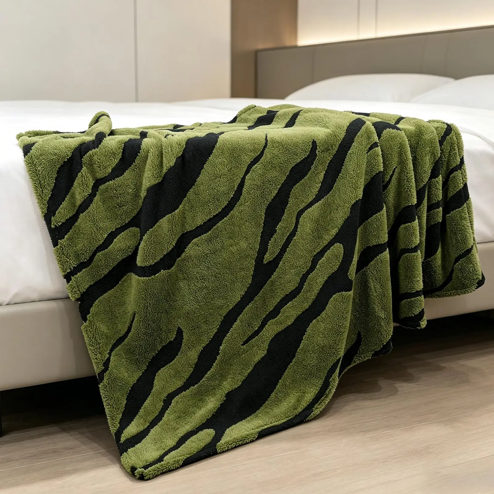 Zebra Printed Fleece Throw Blanket Cozy Soft Lightweight Fuzzy Blanket for Sofa Couch Bed Chair, Olive Green, Warm Plush Gift