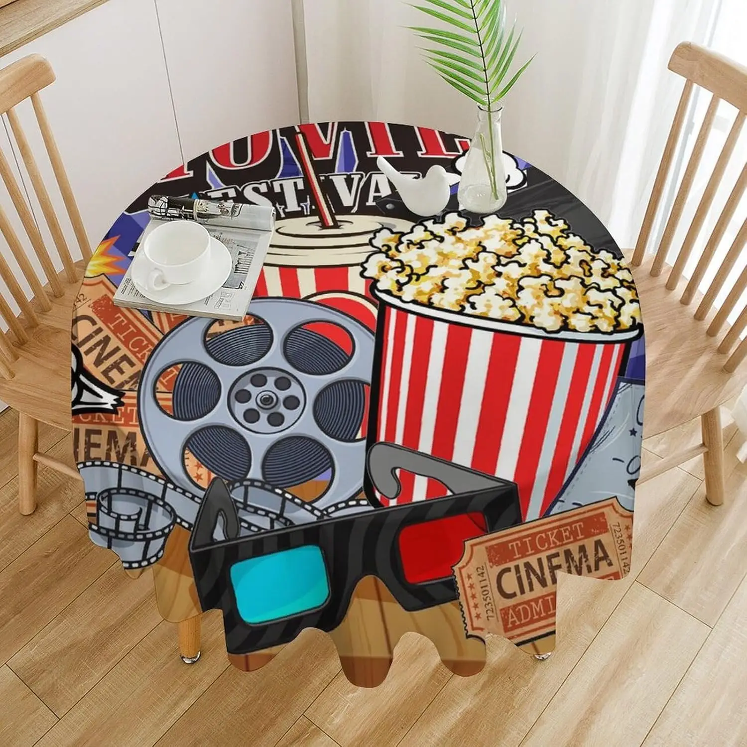 Cartoon Movie Theatre Theme Tablecloths Round 60Inch Table Cloth,Modern Cinema Popcorn Film Movie Accessories Tablecloths