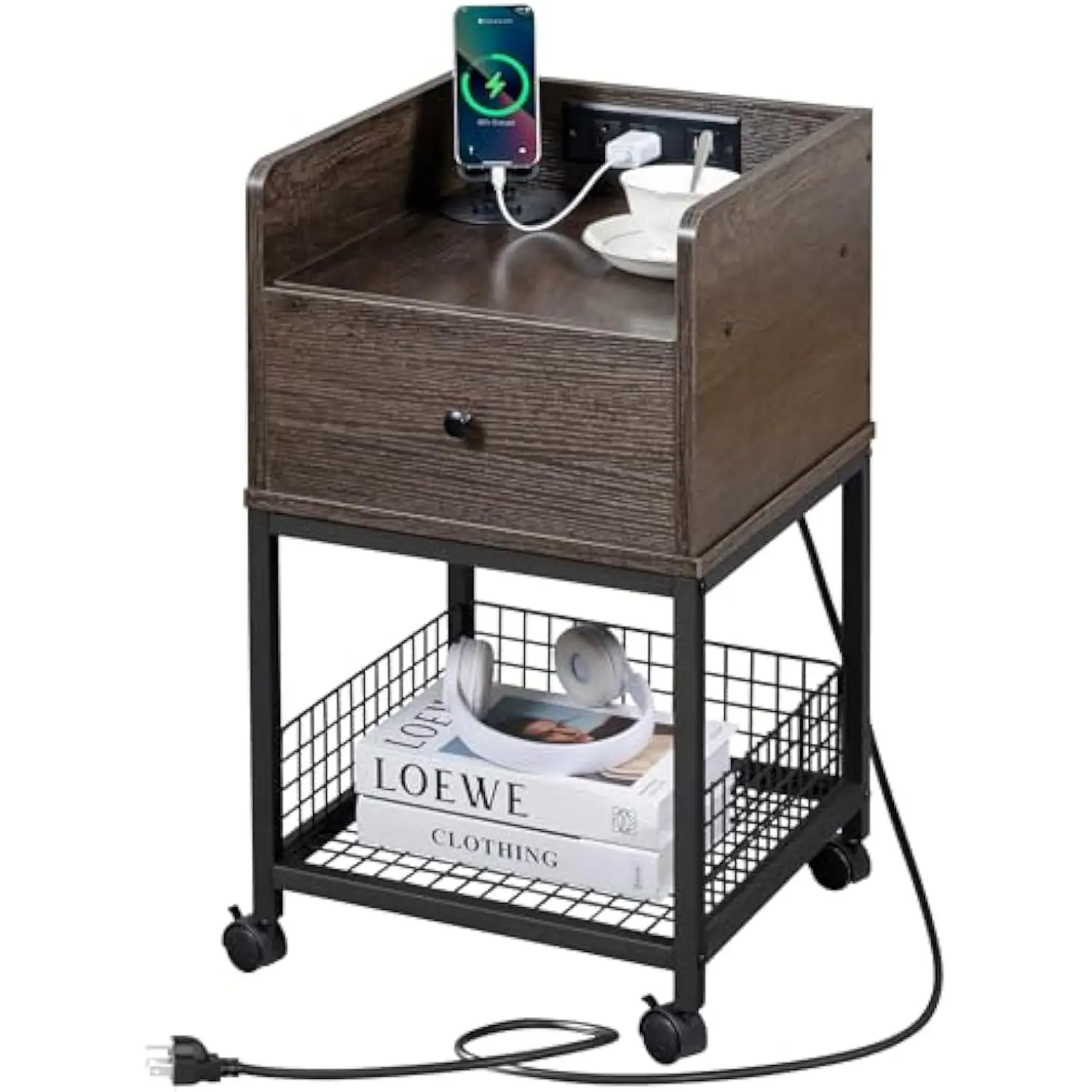 

End Tables Living Room, Nightstand with Charging Station, Bedside Table, Side Tables Bedroom, Night Stand with Drawer, Kids Nig