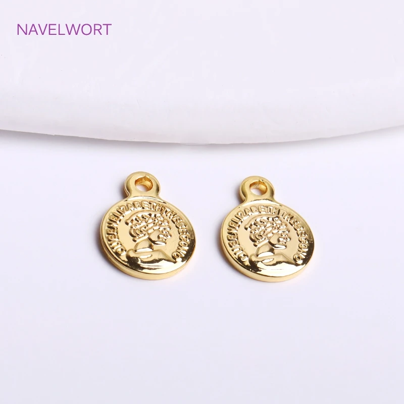 8mm 14K Gold Plated Tiny Coin Charms With Queen Avatarm,Brass Metal Round Coin Charms For Bracelet Making Accessories Wholesale