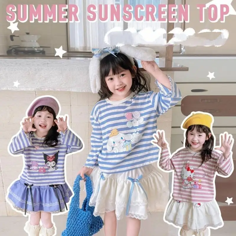 

Sanrios Kuromi пышная юбка My Melody в полоску с длинными рукавами, летняя милая универсальная футболка для девочек с бантом, короткая юбка, подарок на праздник для ребенка