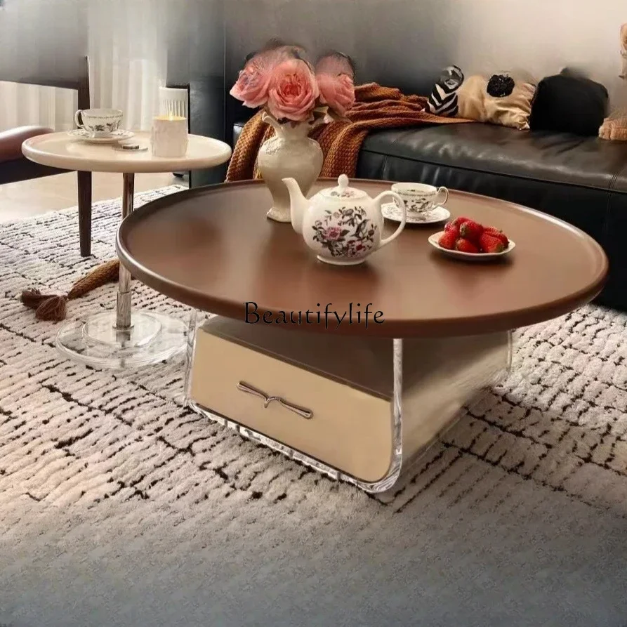 2024 new French round coffee table retro cream style acrylic medium and ancient style coffee table