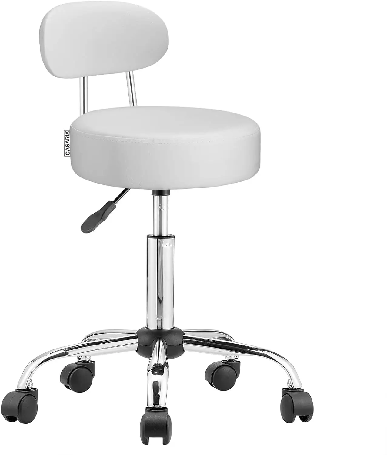Taburete con Ruedas Respaldo Altura Ajustable 46-60cm 360o Asiento 10 cm Blanco
