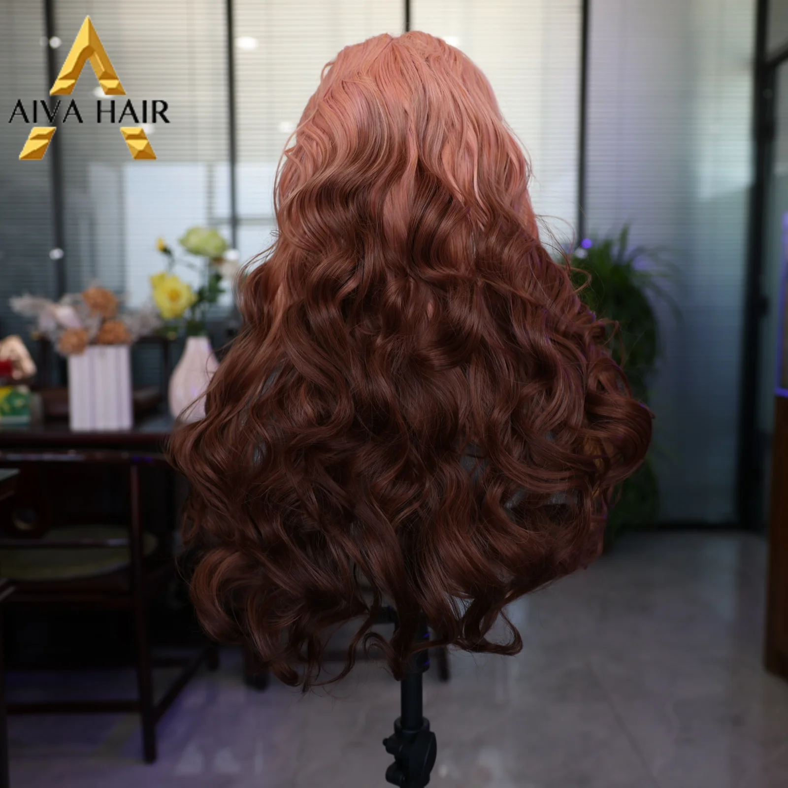 Lace Front Synthetic Wig Pink Gradient Brown Long Wavy Wig High-Quality Breathable Mesh Cap 180 Density Cosplay Women's Wig