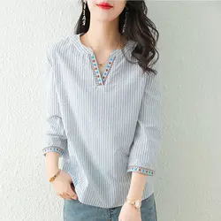 Elegante Mode Harajuku Slim Fit Bluse V-Ausschnitt Einsatz reine Baumwolle Dreiviertel ärmel Tops Frauen lose lässige weibliche Kleidung