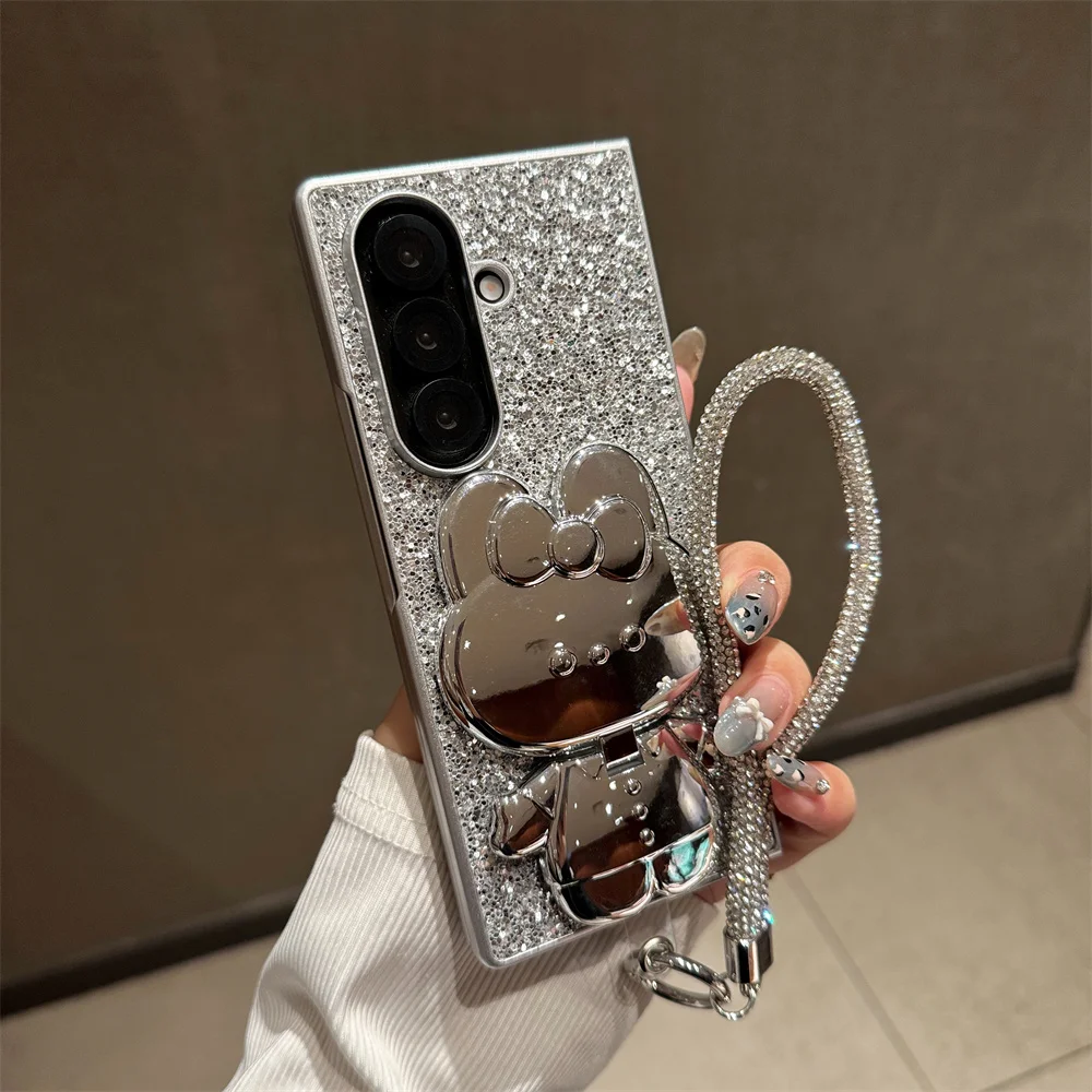 

Luxuy Glitter Electroplating Rabbit Phone Case for Samsung Galaxy Z Fold 7 Fold5 4 3 Fold 6 Cover with chain cute protective cas