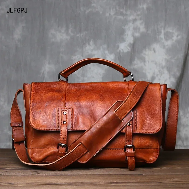 Texture Original Vintage Old Rubbed Color Vegetable Tanned Cowhide Crossbody Bag Men's Genuine Leather Handheld Briefcase