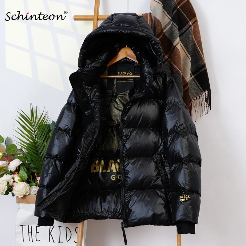 Schinteon Women White Duck Down Jacket with Hood Casual Over Size Autumn Winter Warm Loose Thick Short Outwear 2024 New