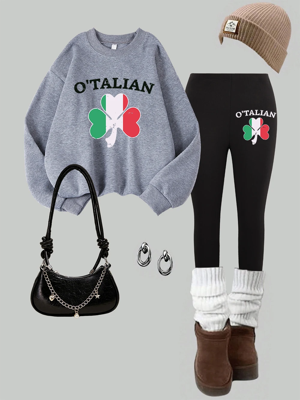 2 Piece Womens O'Talian Flag Clover Grass Prints Sweatshirt Leggings Set Street Fleece Thermal Hoodie Pants Winter Woman Clothes