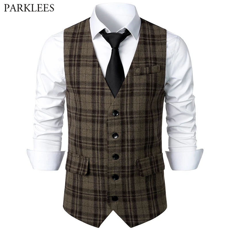 

Mens Vintgae Plaid Checked Suit Vest England Style Slim Fit Single Breasted Dress Vest Men Business Casual Formal Chaleco Hombre