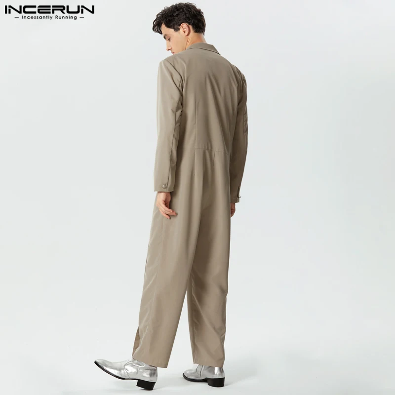 INCERUN Men Jumpsuits Solid Color Lapel Long Sleeve Loose Casual Rompers Men Streetwear 2024 Fashion Oversize Overalls S-5XL