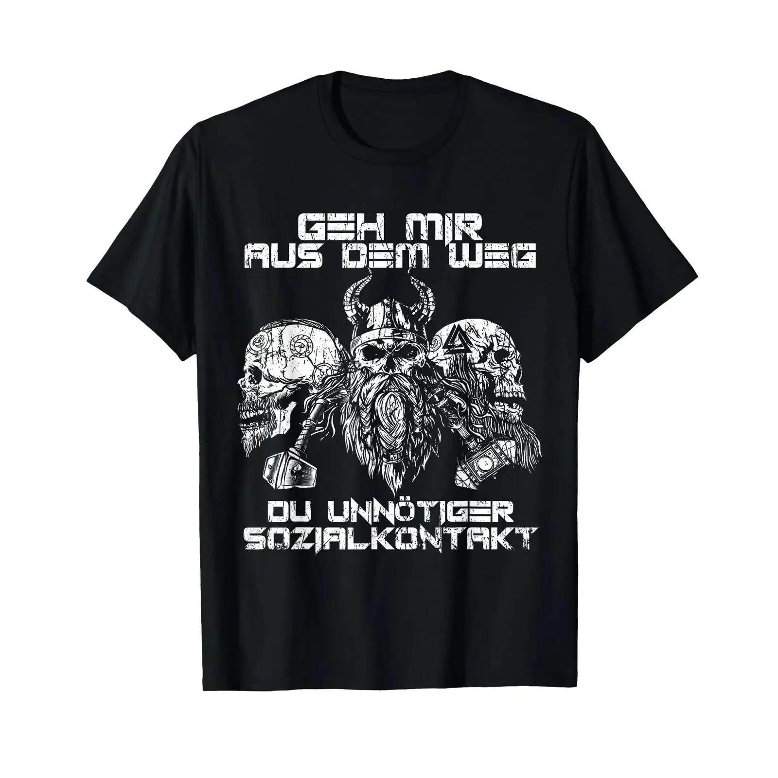 Herren Viking T-Shirt mit deutschem Text „Geh mir aus dem Weg, du unnötiger Sozialkontakt“ Lang Vintage Washed Unisex Streetwear