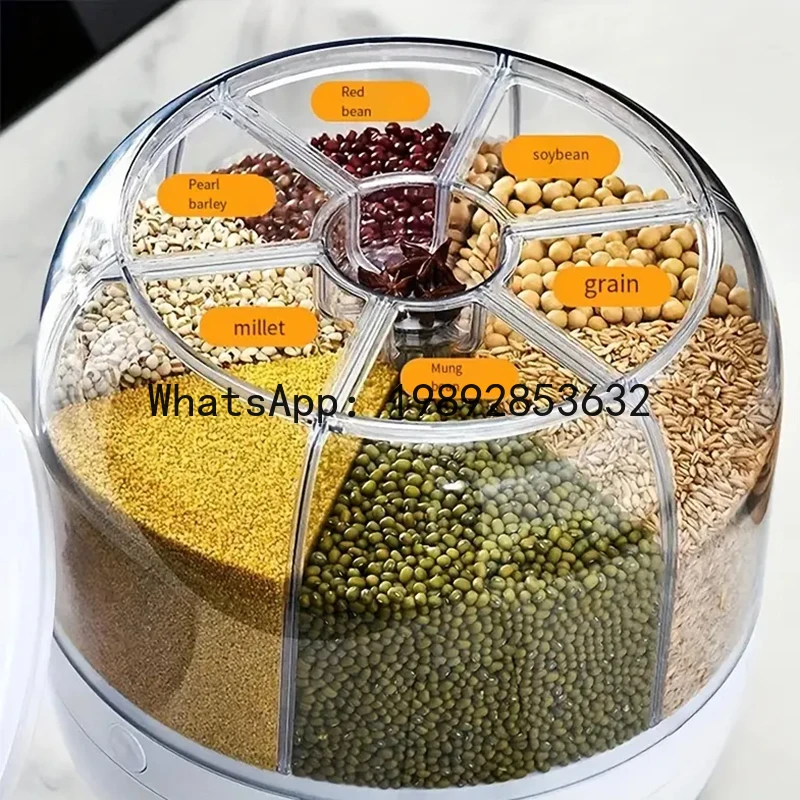 

360° rotating 6-grid grain dispenser, one-touch output storage container for rice grain sealing and moisture-proof organizer