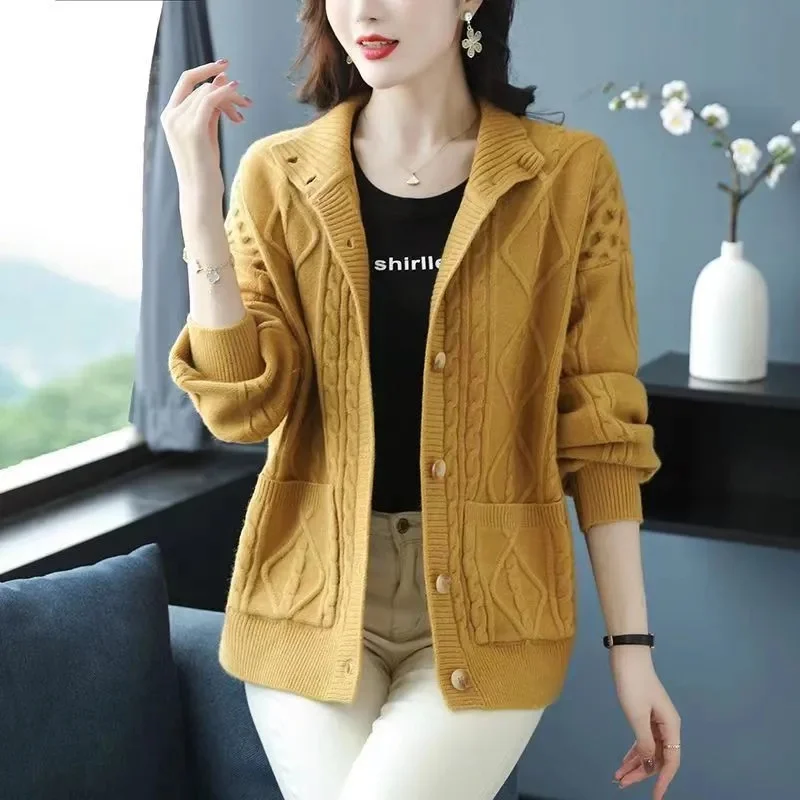 2024 New Women's Sweater Coat Loose High Collar Thickened Spring Autumn Knitting Cardigan Keep Warm Temperament Lady Jacket