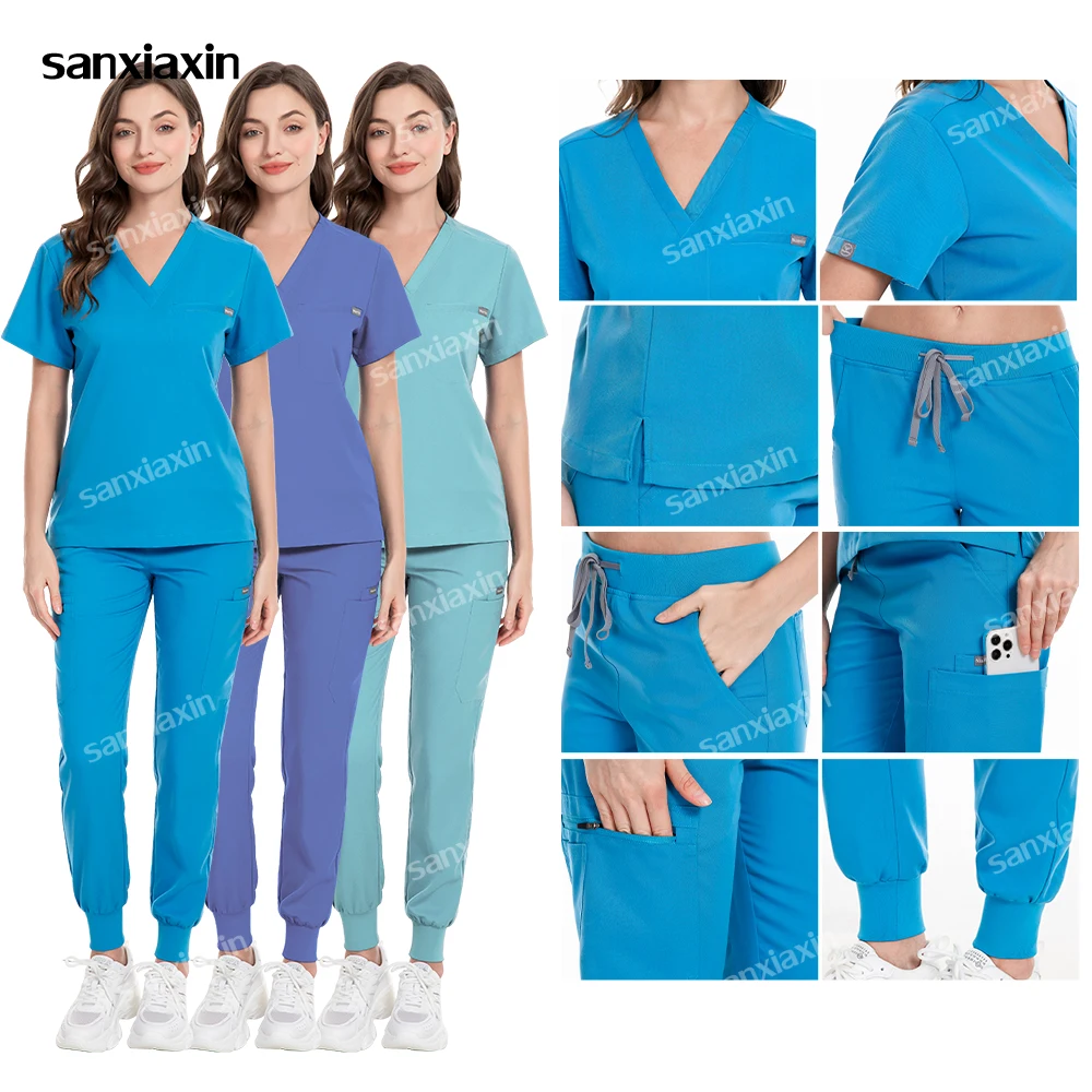 

Stretch Women Slim Fit Scrubs Sets Medical Uniforms Doctors Tops Joggers Surgical Gowns Nurse Accessories Salon Spa Workwear Set