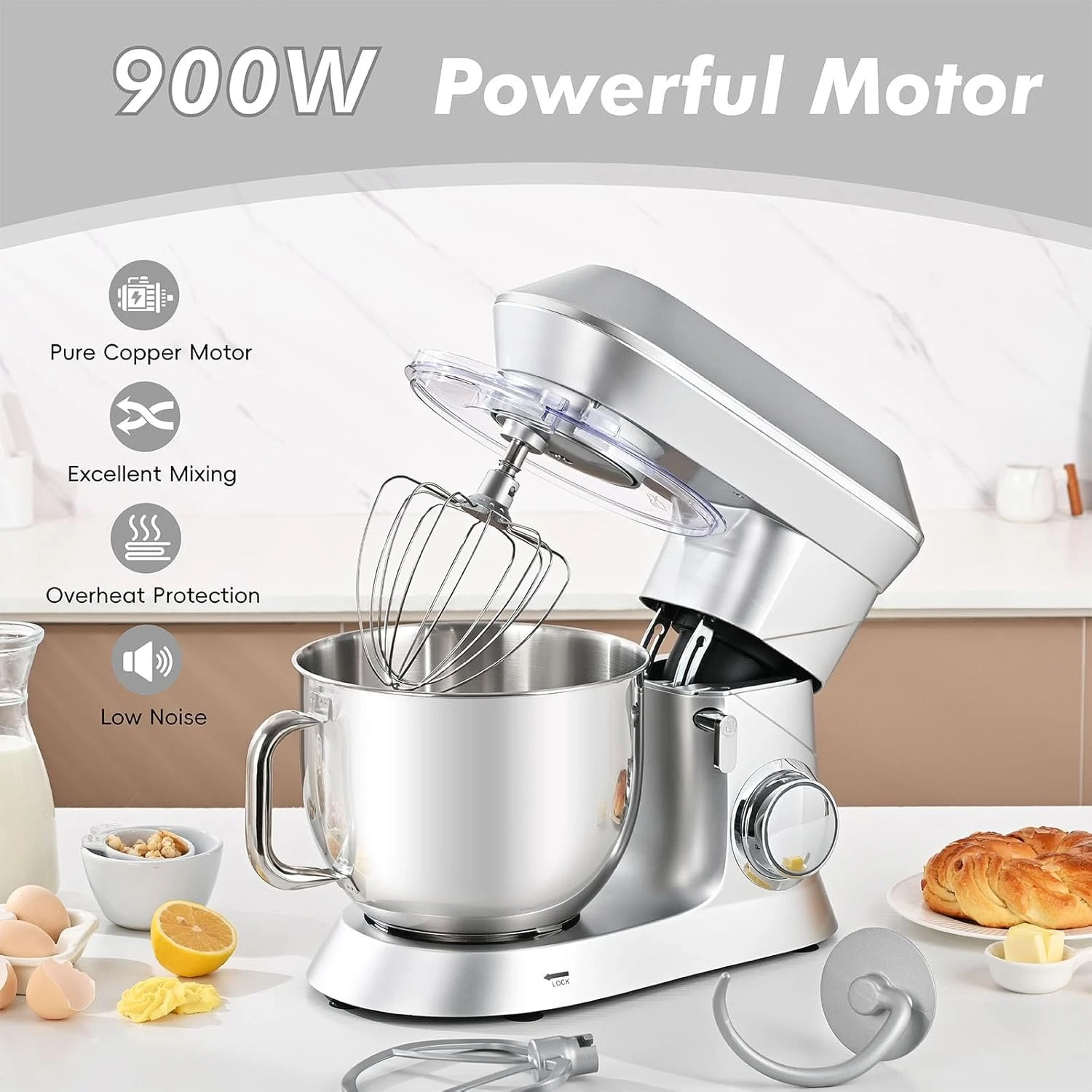 

Stand Mixer, 900W 7.5QT Kitchen Electric Mixer, 6-Speed Tilt-Head Food Mixer for Baking with Dough Hook