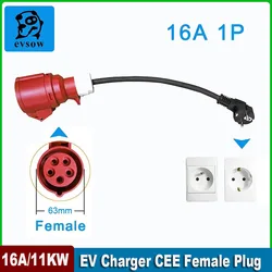 Evsow-Chargeur portable EV, prise Schuko vers prise femelle rouge CEE, adaptateur de prise 5 broches, allergique avec 16A, triphasé, 11kW