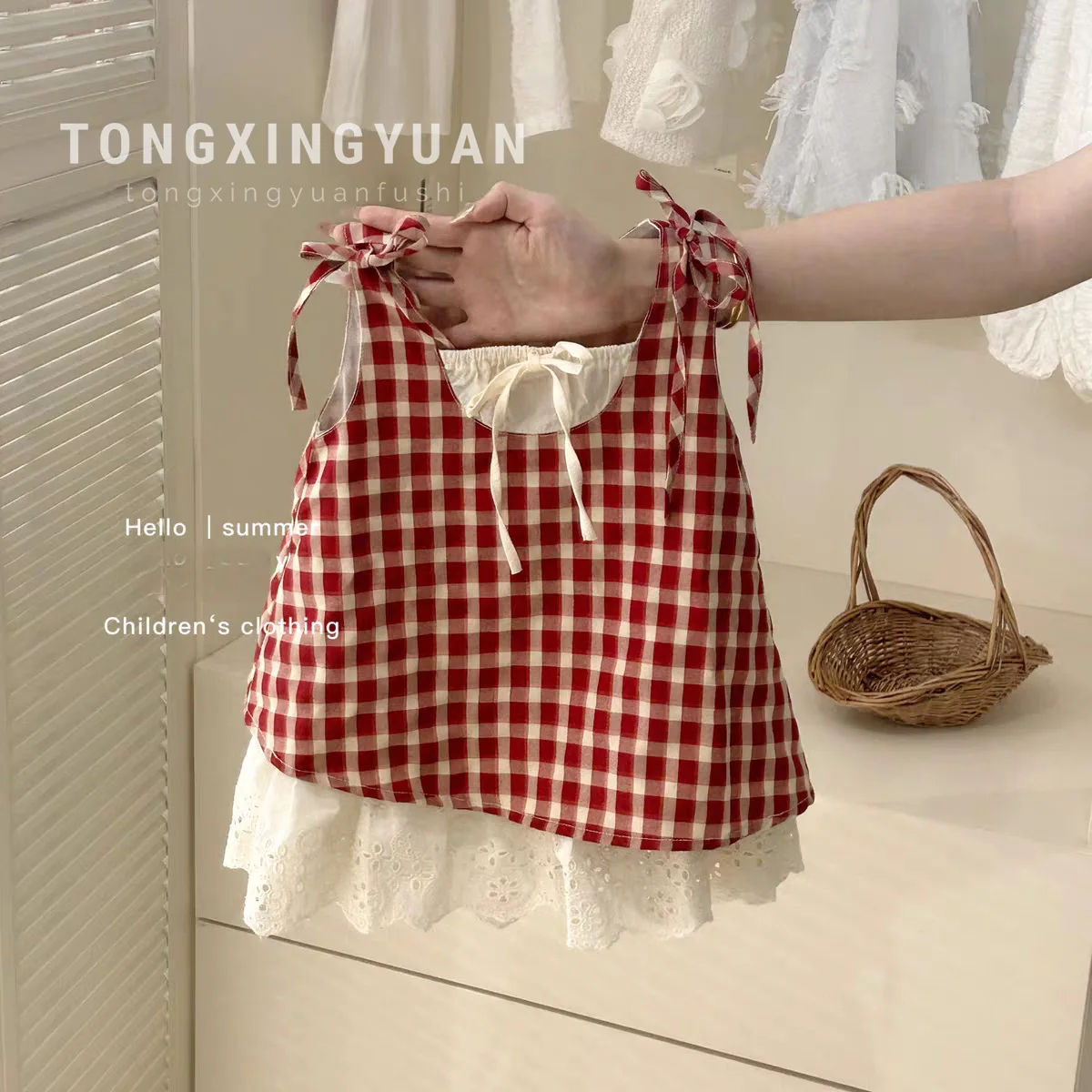 Children Clothing Girls Red Plaid Fake Two-piece Dress 2024 Summer New Children Baby Bow Vest Dress with Headscarf