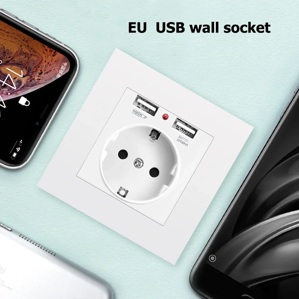 Eiomr EU Standard Electrical Socket with USB Charging 5V 2.1A, White Flame Retardant PC Panel Usb Wall Socket Switch Combination