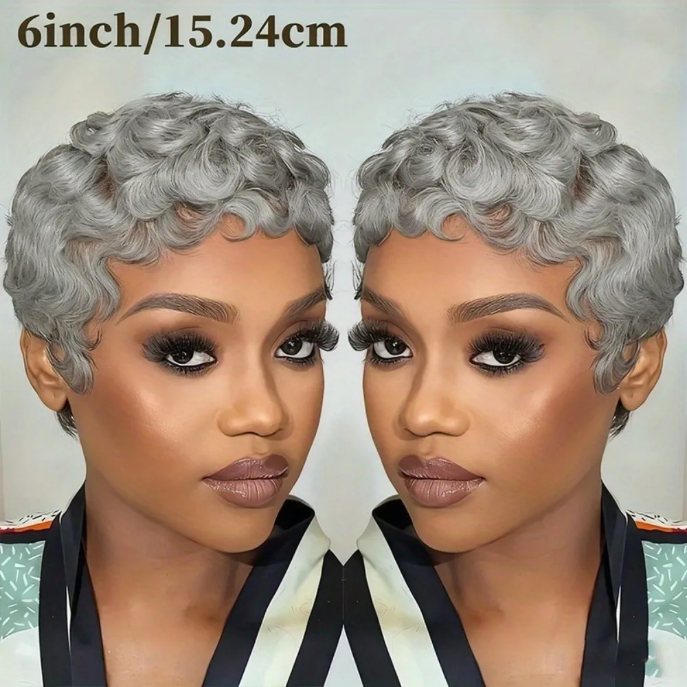 Remy Human Hair Wig, Short Curly Pixie Cut with Bangs