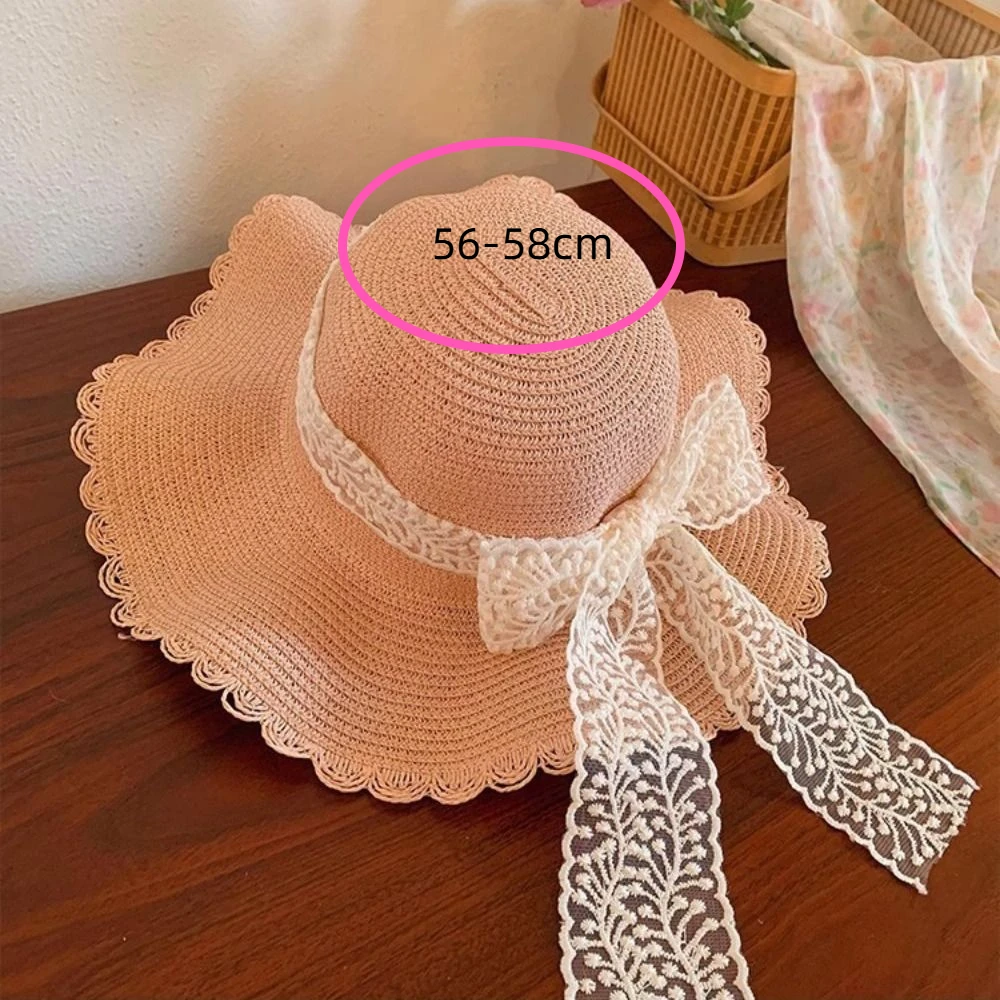 หวานขนาดใหญ่ Brim หมวกฟาง Breathable Sunshade หมวกลูกไม้หมวกชายหาดพับได้ผู้หญิง