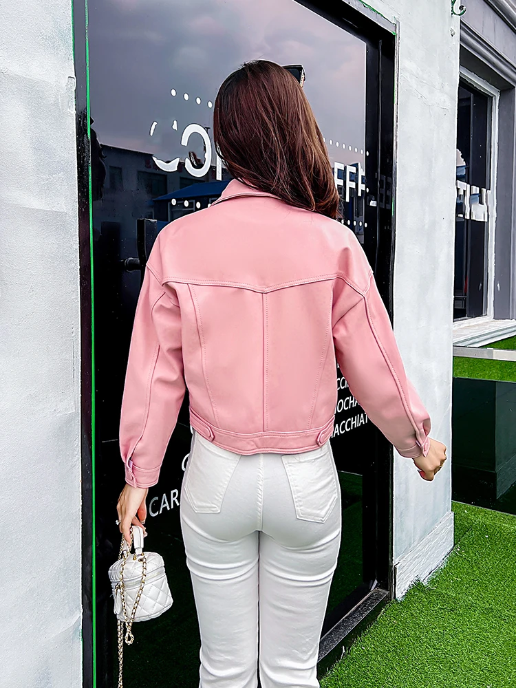 Autumn New Women Short Loose Fit Sheepskin Genuine Leather Jacket Pockets Lapel Collar Single Breasted Casual Moto Biker Coat