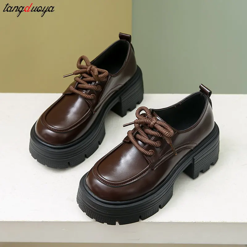 2024 Women Autumn New brown Platform Flats Shoes Women Loafers Lace up JK uniform shoes Designer Casual Leather Oxford shoes