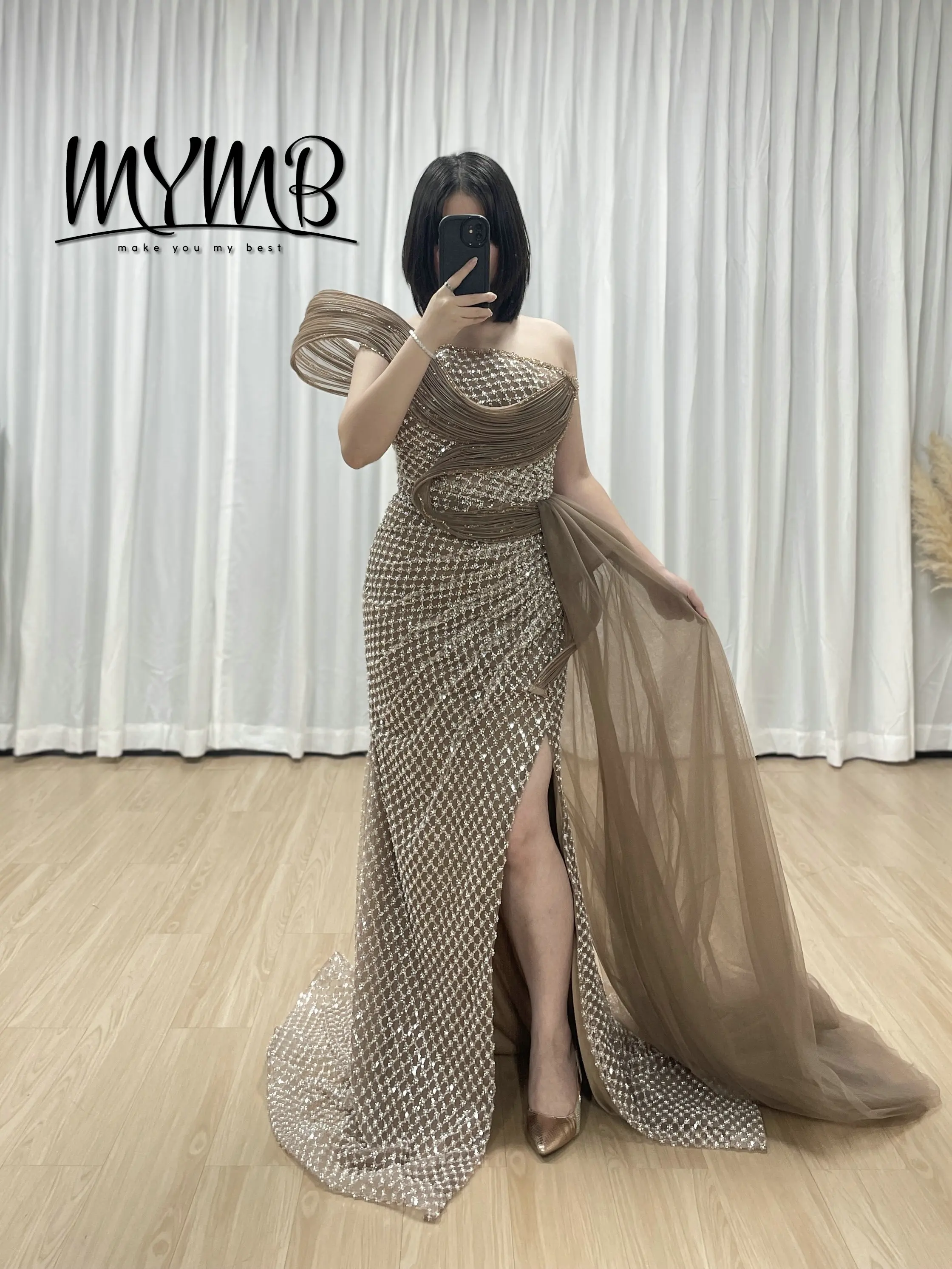

MYMB Luxury Black Silver Beads Designer Evening Dress One Shoulder Tulle Draped Long Gown with Side Slit for Party Prom MY30179