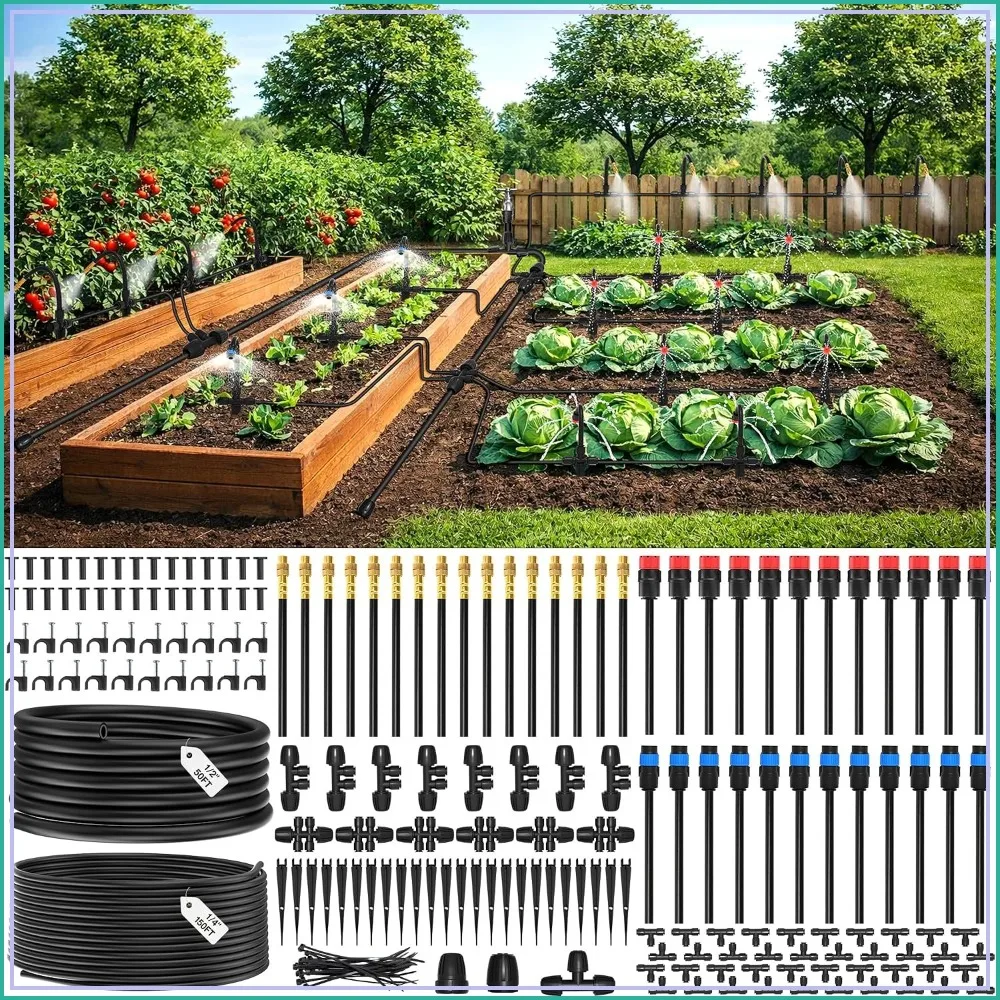2026-Upgrade 360 Adjustable Drip Irrigation System Kit, 200FT Bendable Watering Misting System with 3 Spray Nozzle Types, 1/2"(50FT) & 1/4"(150FT) Tubing for Garden Raised Bed Lawn & Greenhouse