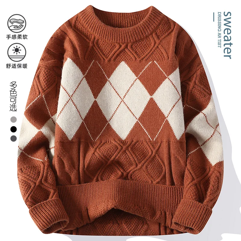 2024 Knittwear Autumn/Winter Men Color blocking Grid pattern sweater Men's Fashion Casual Sweaters Thick Warm wool pullovers