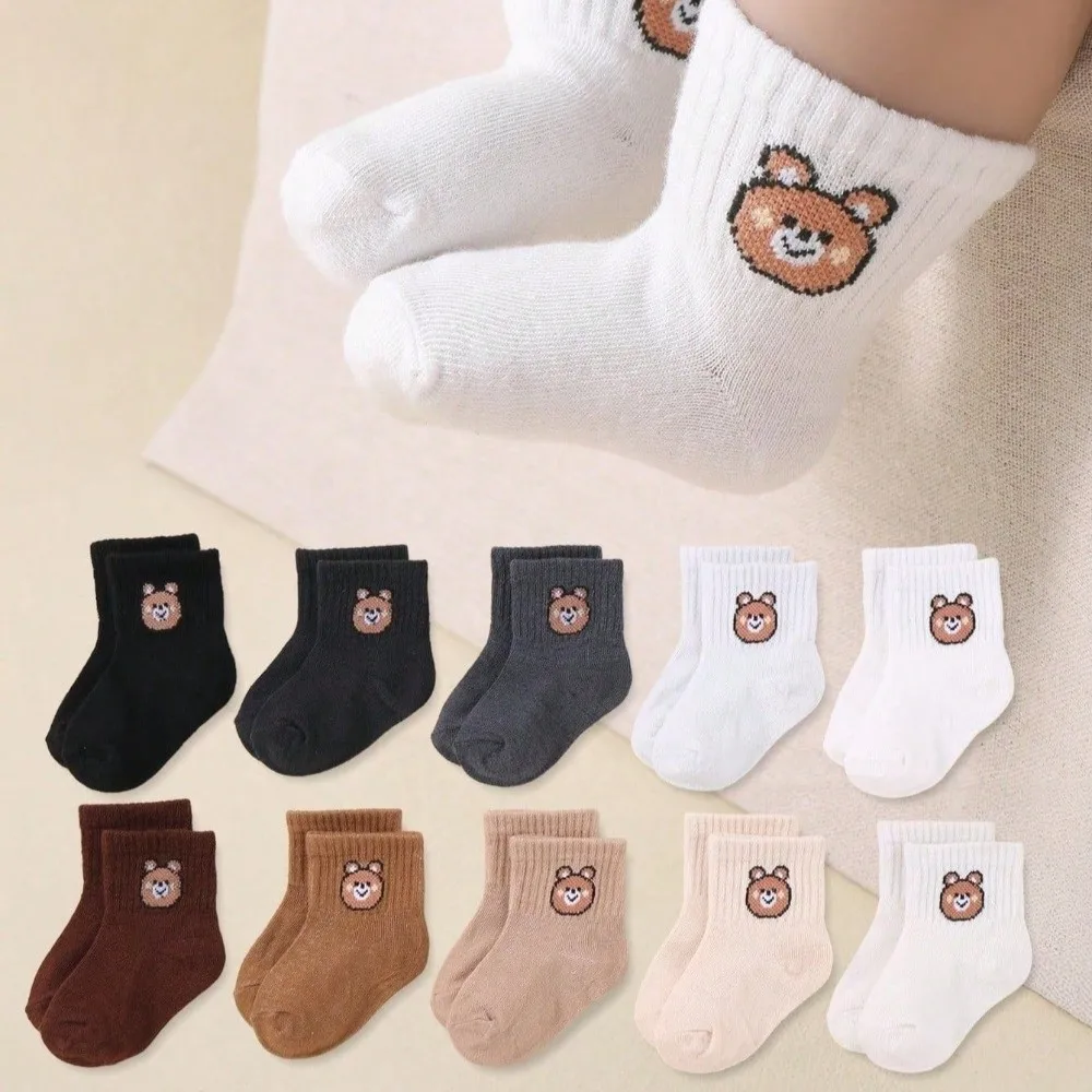 10 Pairs Cartoon Bears Mid-Calf Socks Soft Cotton Elastic Band Children Socks Breathable Solid Color Boys Girls Socks Daily Use