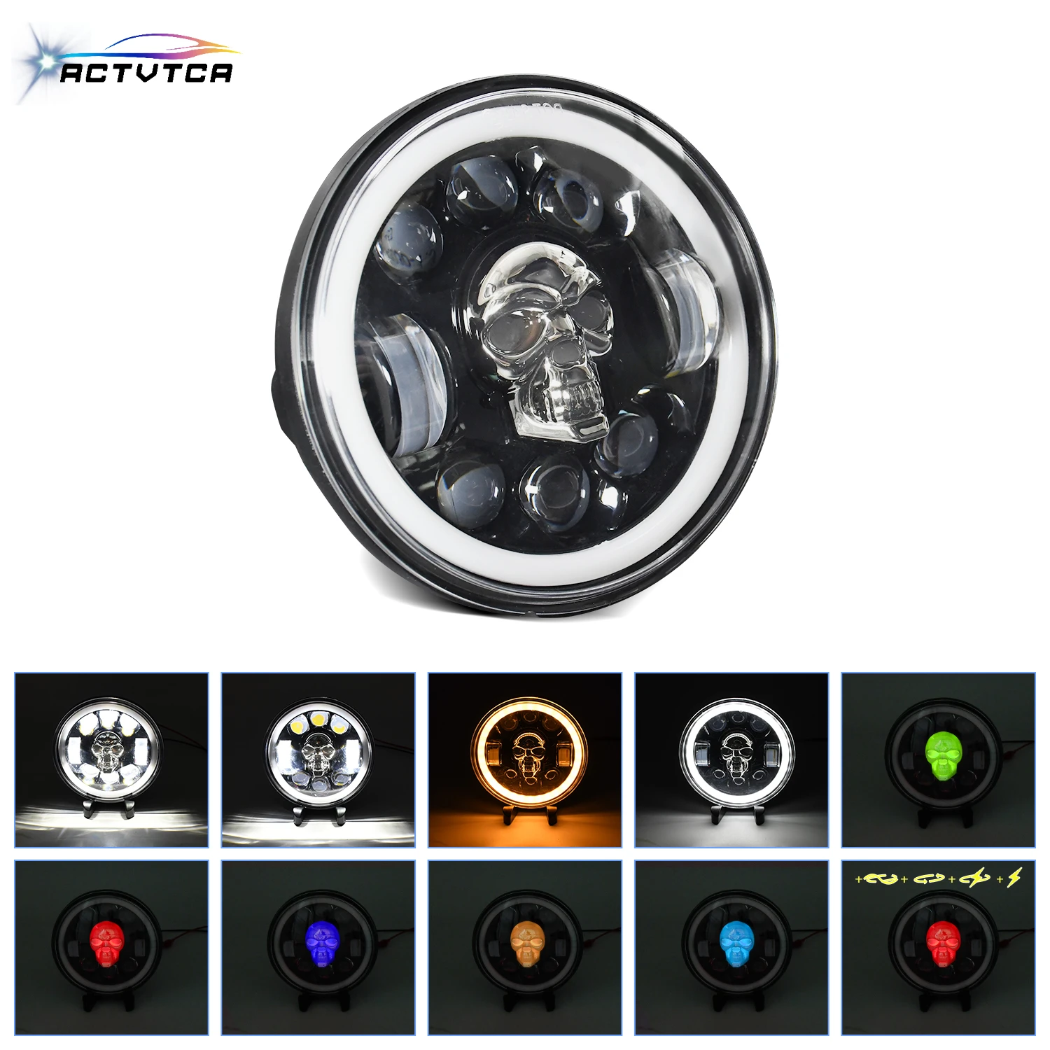 ACTVTCA 240W 5.75 Inches Angel Eyes Round Led Lights for Skull Motorcycle Front Headlights High Beam Bulb for Harley Headlight