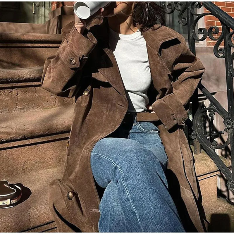 

Retro Trendy Long Coat Lapel Belted Loose Casual Women's Overcoat Sophisticated Edgy Fashionable Female Fall Timeless Outerwear