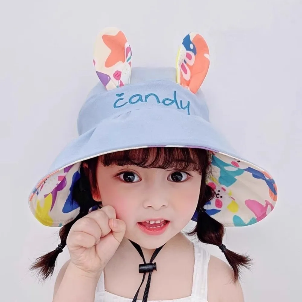 

Double-sided Children Sun Hat Empty Top Wide Brim Sunscreen Cap Adjustable Size UV Protection Rabbit Ears Sun Hat Outdoor Use