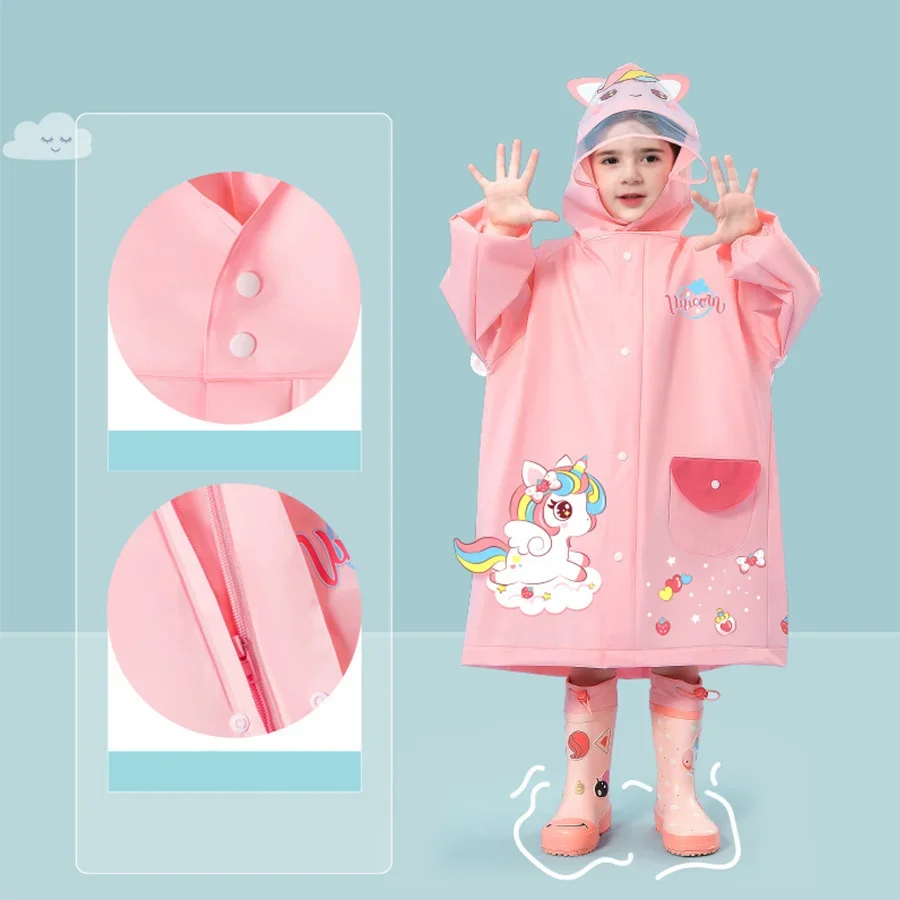 A boy girl casual cute unicorn print waterproof hooded raincoat, long sleeve zipper hooded poncho, children\'s raincoat outdoor