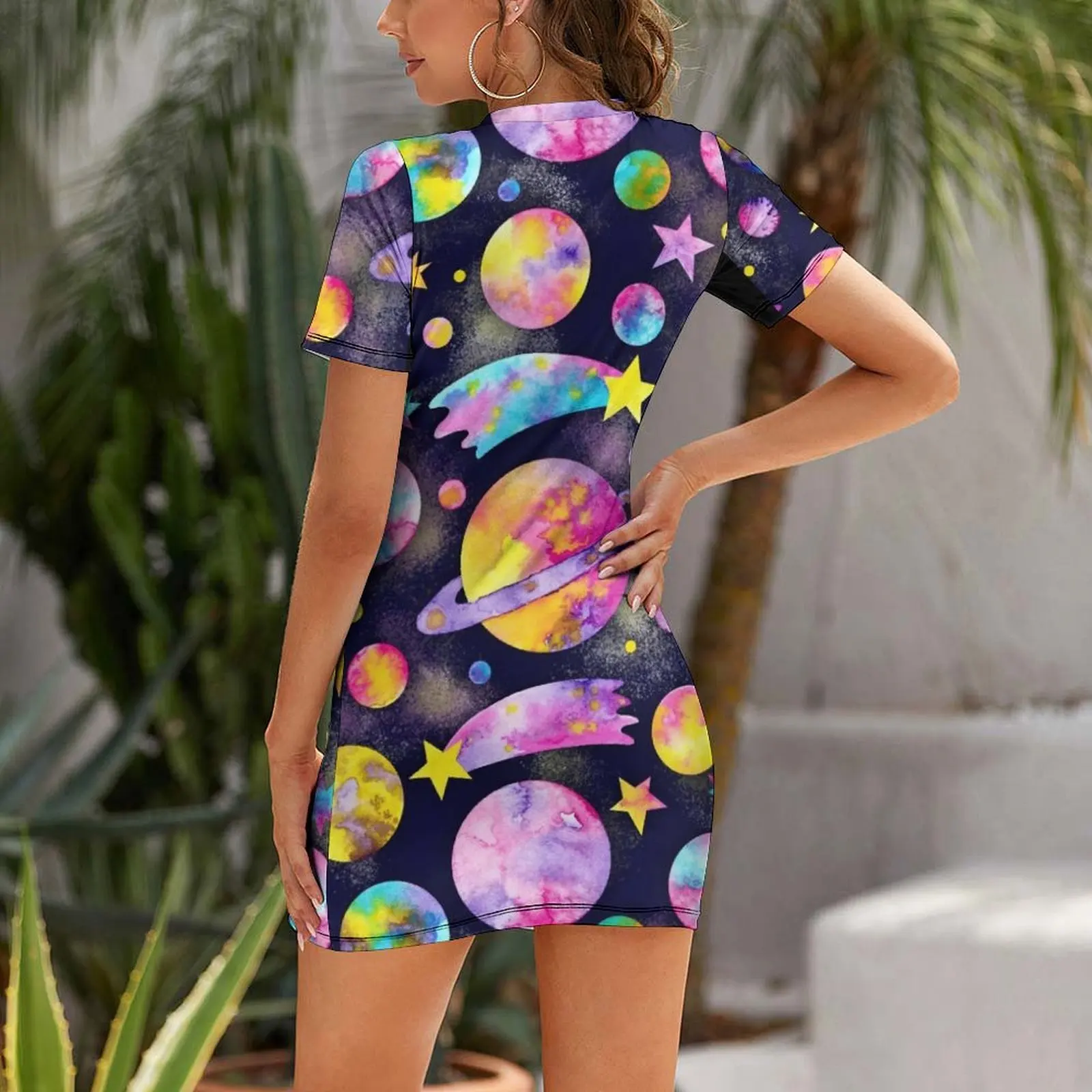 Outer Space Watercolour Planets All Over Pattern Short Sleeved Dress luxury dress women evening dress