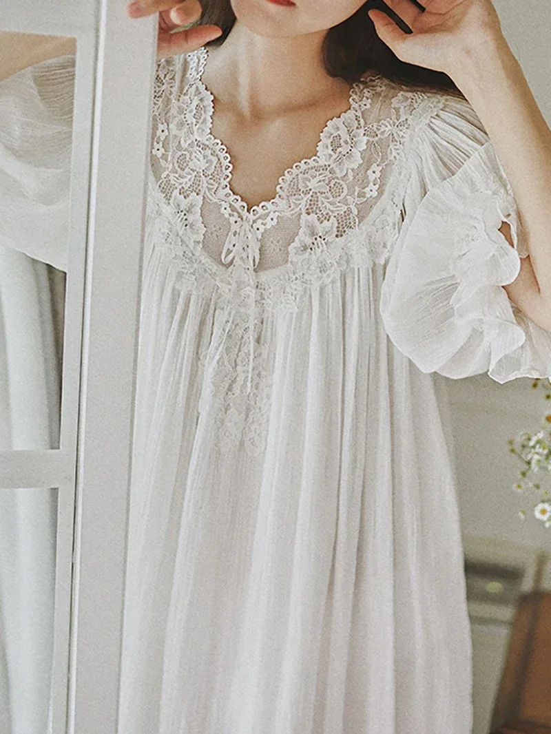 Women Summer Vintage Cotton Fairy Nightgowns Short Sleeve V-Neck Lace Nightdress Victorian Night Dress Princess Sleepwear