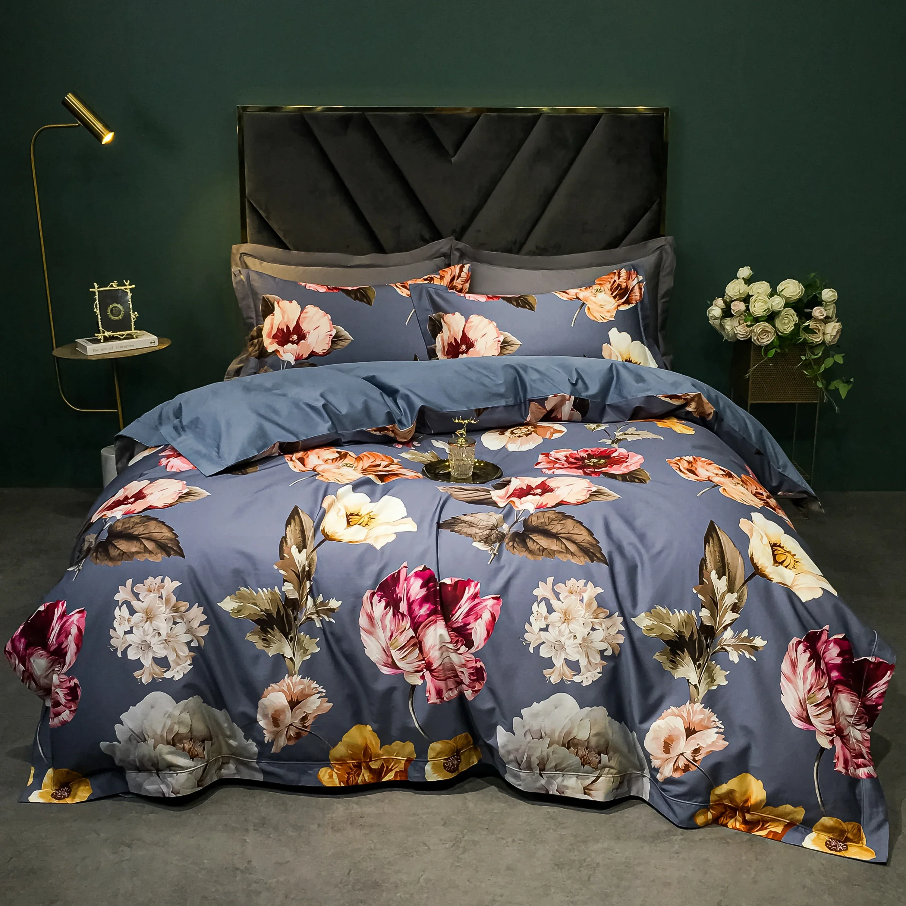 1400TC Egyptian Cotton Floral Bird Printing Bedding Set, Soft Duvet Cover, Bed Sheet, Pillowcases, American Style, Luxury 4Pcs